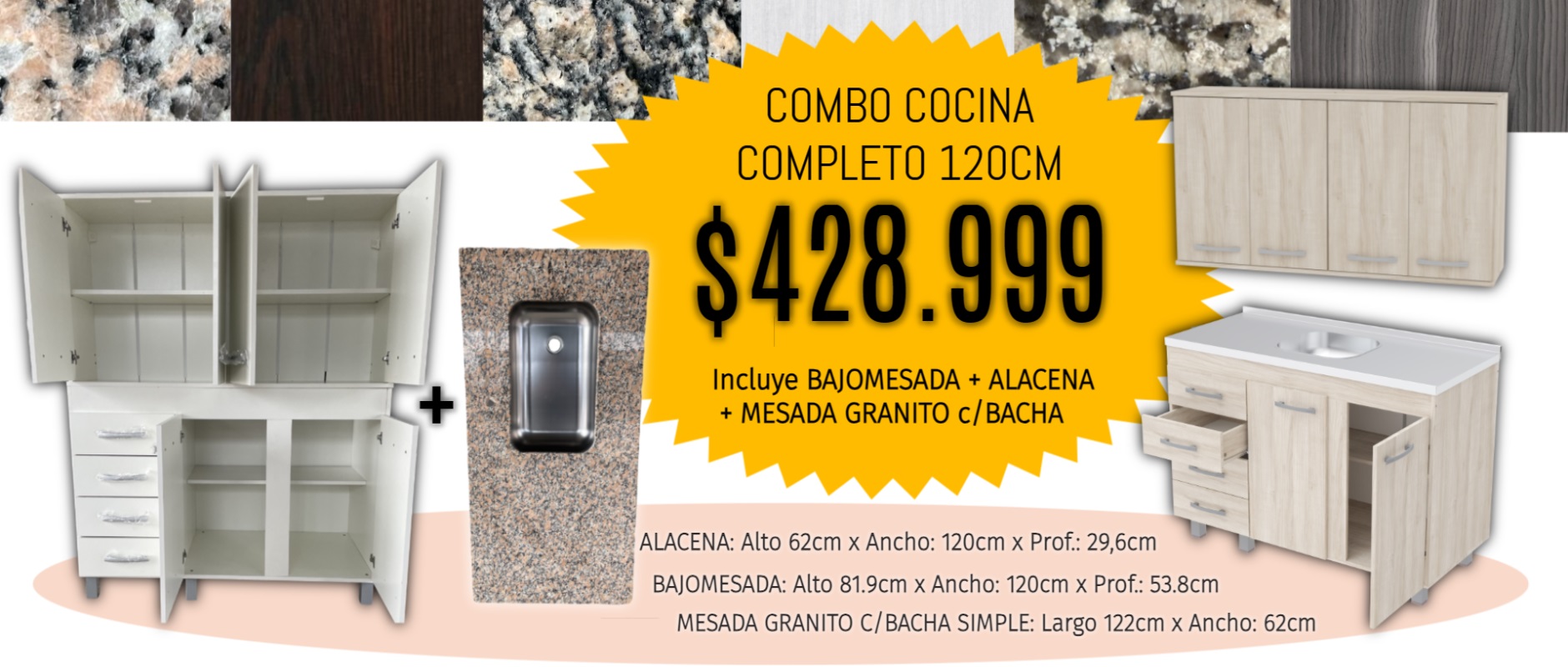 ALACENA + BAJOMESADA + MEADA GRANITO 120CM $428.999